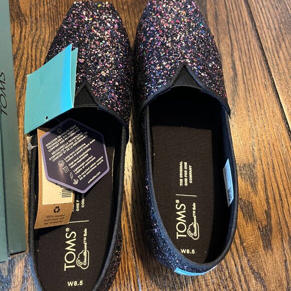 NWT Toms Black Rose Glitter Alpargata Slip On Flats 8.5 - Picture 4 of 5